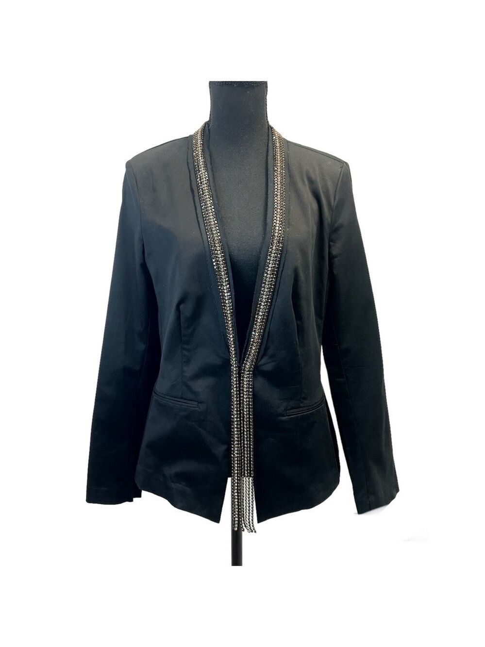 Rock & Republic black Crystal rhinestone Diamanté collar trim fringe blazer 10